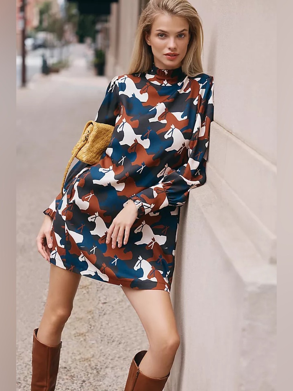 Anthropologie High-Neck Horse Print Shift Dress in Navy & Brown
